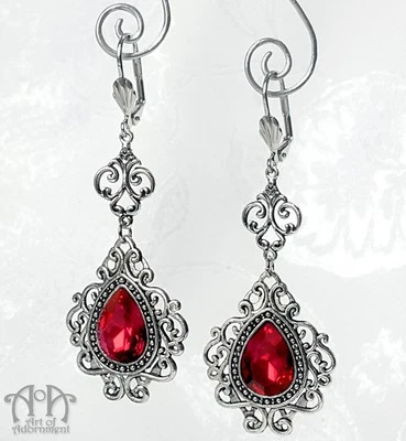 Gothic Victorian RED TEARDROP CRYSTAL EARRINGS Tear Drop Antique Silver Filigree - Image 1 of 2
