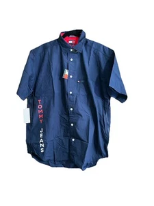 Tommy Hilfiger Men's Vintage Navy Button Up Short Sleeve Shirt W Side Zipper Med - Picture 1 of 3