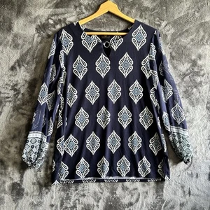 JM Collection Women's Size Large Paisley Navy Blue Sheer Long Sleeve Blouse - Picture 1 of 10