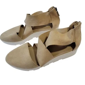 Eileen Fisher hellbraune Damen-Keilsandale aus Veloursleder mit überkreuztem Reißverschluss hinten Größe 8,5 Komfort - Bild 1 von 12