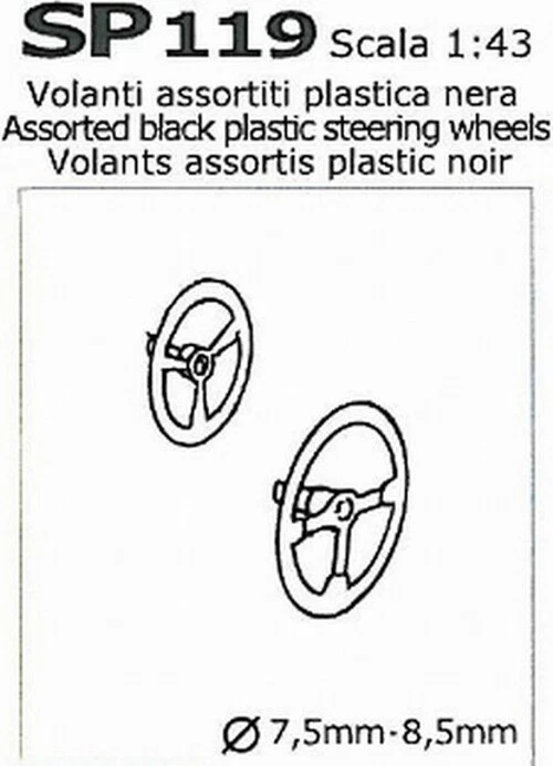 ACCESSORI 1/43 VOLANTI ASSORTITI in PLASTICA NERA DIAMETRO 7,5/8,5mm TRON SP119 - Immagine 1 di 1