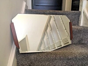 1970'S MID CENTURY MODERN TEAK BEVELLED EDGE MULTI FACETED OVER MANTEL MIRROR - Picture 1 of 12
