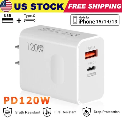 120W Fast Charger Block USB Type C Wall Power Adapter For iPhone 14 13 12 11 XR - Image 1 of 4