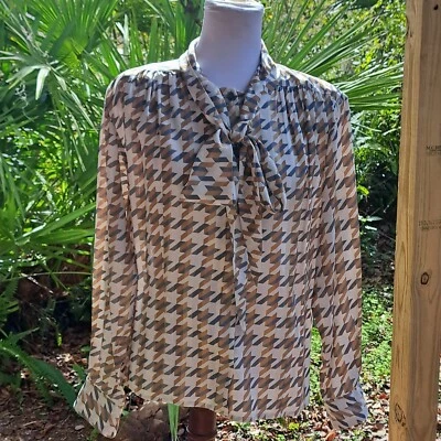 Evan Picone Top Sz 10 Gold Grey Geometric Print Blouse Button Front Tie Neckline Foto 1 de 4
