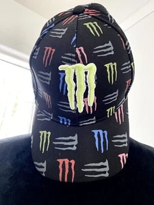 Monster Energy Fitted Hat 7 1/4 Black W/Embroidered RAREST Pastel Acrylic Wool - Picture 1 of 4