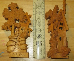 Qty 2 Wood Carving Americana Folk Art House - Approx. 9.5" X 5" X 1.5" - Picture 1 of 20