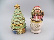 2 Greenbrier Intl Porcelain Hinged Trinket Boxes Snowman & Christmas Tree
