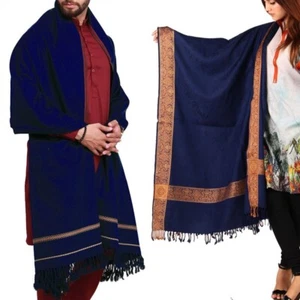Pareja Chales Azul Marino Cachemira 4 Bordes y Dhussa Chales para Hombre y Mujer - Imagen 1 de 4