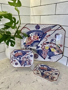 Stunning Vintage Japanese Majolica Platter & 2 Side Plates, Fans & Flowers - Picture 1 of 10