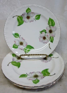 4 Pope Gosser DOGWOOD DESSERT PIE PLATES w SHELL EDGE and Gold Trim VGC 7 1/4 - Picture 1 of 2