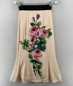 DOLCE & GABANNA Skirt 38 US 2 Floral Print Silk Flare Midi High Waist Pink - Picture 1 of 12