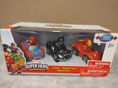 Paquete de 3 coches Marvel Super Hero Adventures Spider Man, Black Panther y Iron Man Foto 1 de 4