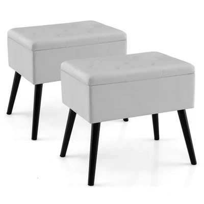 2PCS Vanity Stool Footrest Tufted Flip Top Velvet Storage Ottoman w/Wood Legs - Image 1 of 4