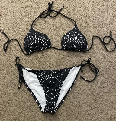 Traje de baño bikini triángulo negro blanco corte láser Ralph Lauren Ricky para mujer talla M Foto 1 de 4
