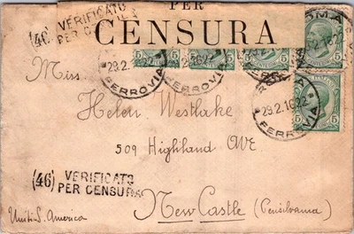 ITALY 1916 WWI POSTAL HISTORY CENSORED COVER MULT FRANKED ADDR USA & POSTMARK - Image 1 of 2