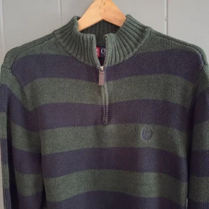 Rugby stripe 1/4 zip sweater mock neck S cotton Chaps green navy frat boy prep - Picture 1 of 9