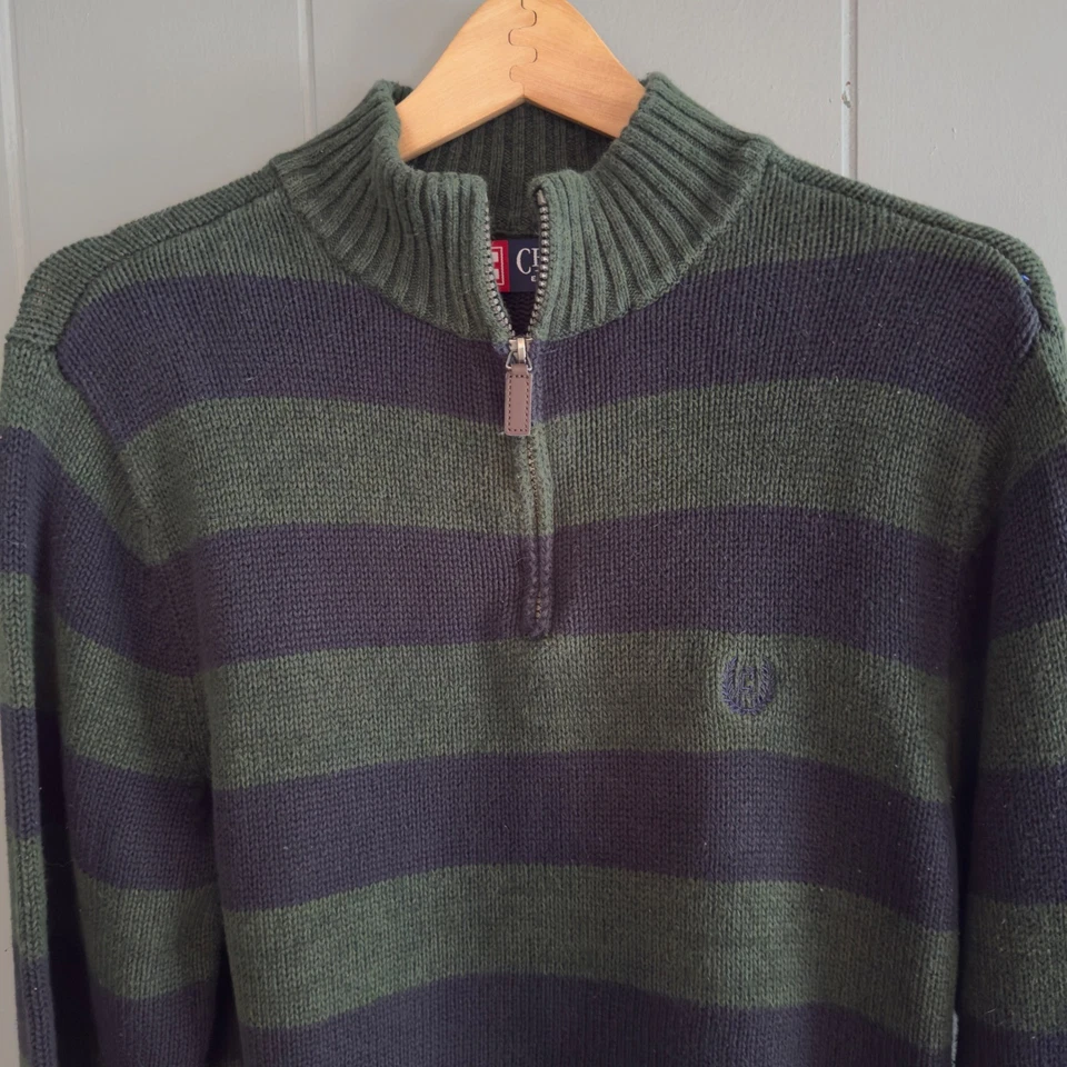 Rugby stripe 1/4 zip sweater mock neck S cotton Chaps green navy frat boy prep - Image 1 of 4