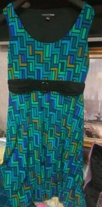 Madison Leigh Größe 16 ärmelloses Kleid grün blau gold geometrisches Muster - Bild 1 von 4