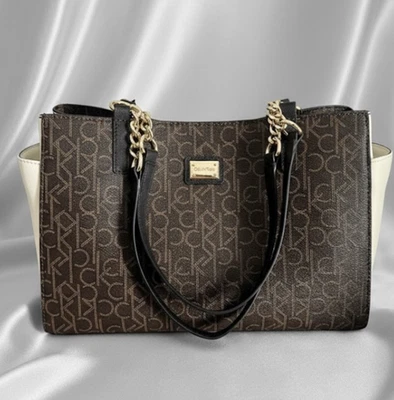 Calvin Klein Tote Bag Monogram Brown With Beige sides & Gold Chain Purse New - Image 1 of 4