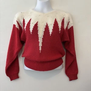Vintage Handmade Knit Sweater Small Women Red White Pearl Horizontal Knit - Picture 1 of 7