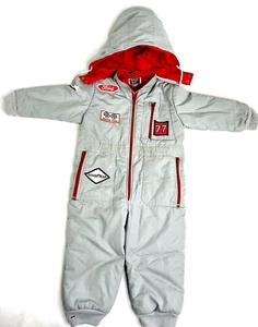 Vintage Tootsie Roll BMW Racing Patches Puffer Snow Jumpsuit Grey Red Kids Sz 4T - Picture 1 of 11