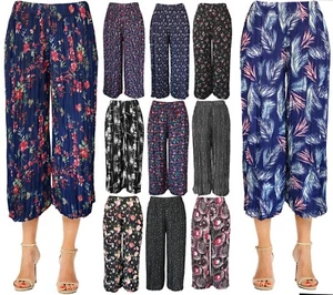 Womens Pleated Wide Leg Cropped Capri Mid Cuff Culotte Pants - Picture 1 of 25