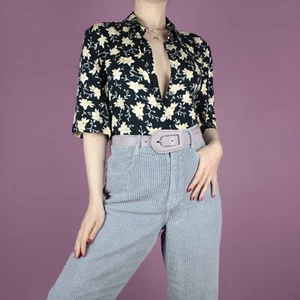 VINTAGE 90s Blue Beige Floral Grunge Pattern Womens Blouse Shirt Top S Small 10 - Picture 1 of 12