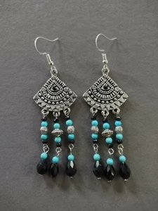 Earrings Handmade Chandelier Silver Black Sleeping Beauty Turquoise Crystal Drop - Picture 1 of 1