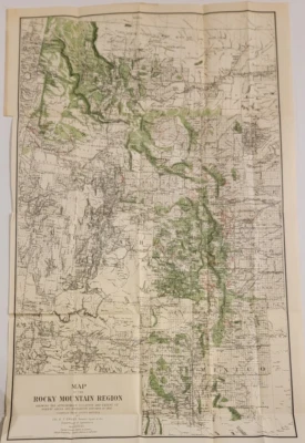 Detailed 1885 colored  map Rocky Mountain Region forests, ditches Ensign - Image 1 of 4