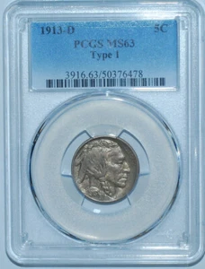 1913 D PCGS MS63 T1 Type 1 Buffalo Nickel - Picture 1 of 2