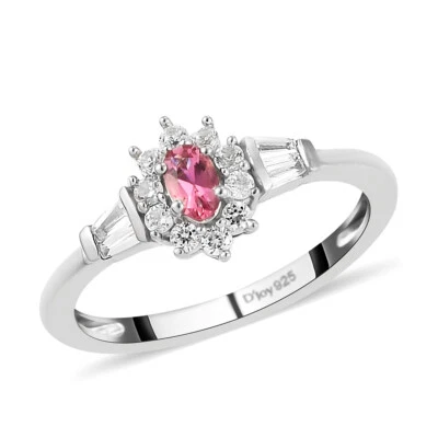 0.75ctw AAAA Rubellite & Zircon Sunburst Ring Platinum Plated Sterling Size 8 - Image 1 of 4