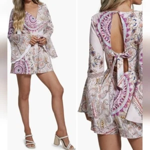 Guess Women's Kali Paisley Cutout Long Bell Linen Sleeve Romper Size S - Picture 1 of 12