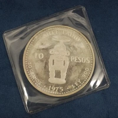 1975 Dominican Republic 10 Peso Arte Taino Silver Proof Crown - Free Ship US - Image 1 of 3