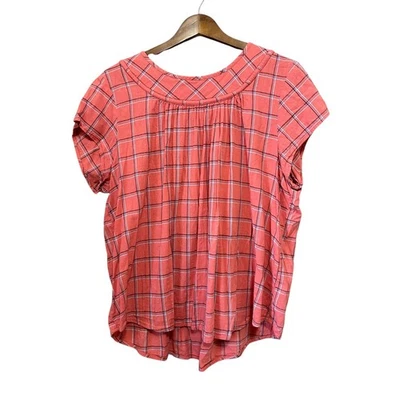 St Johns Bay Women's Plus Size XXL Coral Plaid Cap Sleeve Keyhole Top Shirt - Image 1 of 4