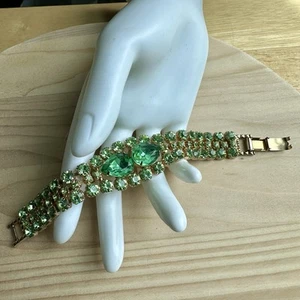 Vintage Statement Armband Größe 6,75 facettiert grün Kristall Strass vergoldet - Bild 1 von 10