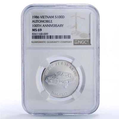 Vietnam 100 dong Jaguar Auto Cars Automobiles MS69 NGC silver coin 1986 - Image 1 of 2