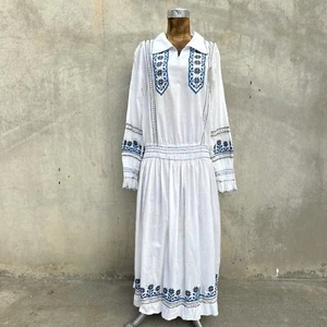 Vintage 1930s Romanian Folk Dress White Linen Blue Floral Hand Embroidered 1920s - Picture 1 of 12