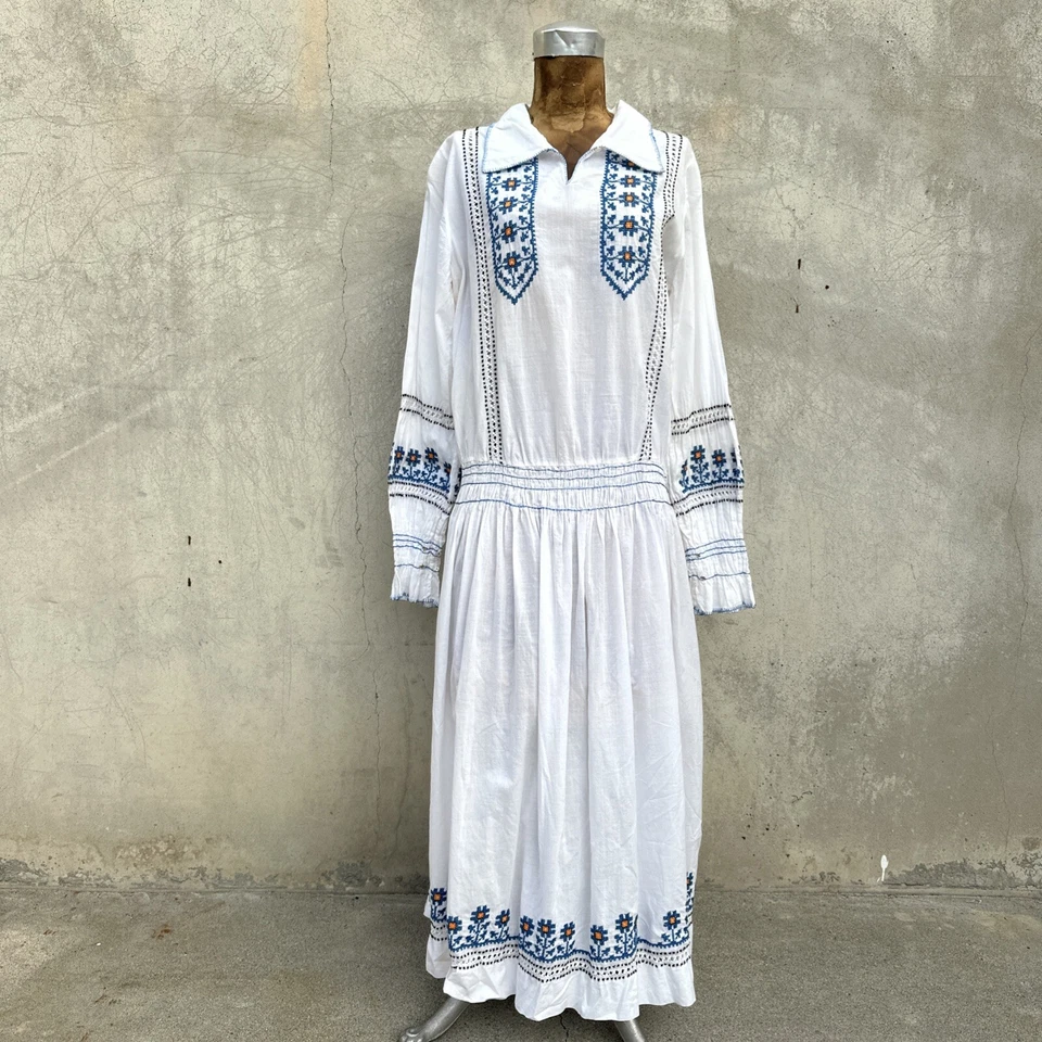 Vintage 1930s Romanian Folk Dress White Linen Blue Floral Hand Embroidered 1920s - Image 1 of 4