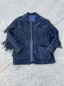 Vintage Montana Large Black Suede Leather Jacket Coat Fridge Western Boho - Picture 1 of 10
