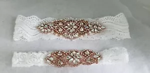 2 Bridal Wedding White Lace Garters Rose Gold Tone Rhinestone Embellished New - Picture 1 of 10