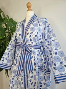 Blue Kitty Floral Kimono Stripe Border Indian Kimono Night Suit Kimono Bath Robe - Picture 1 of 6