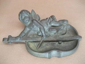 Vintage Bronze Brass Angel Playing Violin Paper Weight 6 3/4" Desk Tray 981X - Picture 1 of 8
