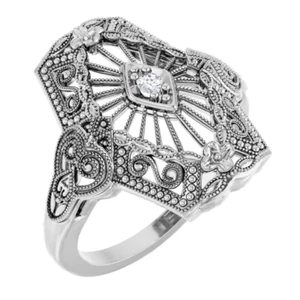 Art Deco 10K Solid White Gold & Diamond Filigree Ring Antique/Vintage-Inspired - Picture 1 of 5