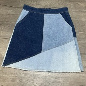Zara Blue Jean Patch Distressed Raw Hem Mini Skirt Sz XS Patchwork Pockets Boho - Picture 1 of 10
