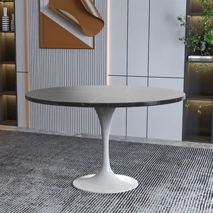 LeisureMod Verve 48" Round Dining Table with Stone Tabletop in White Steel Base - Picture 1 of 14