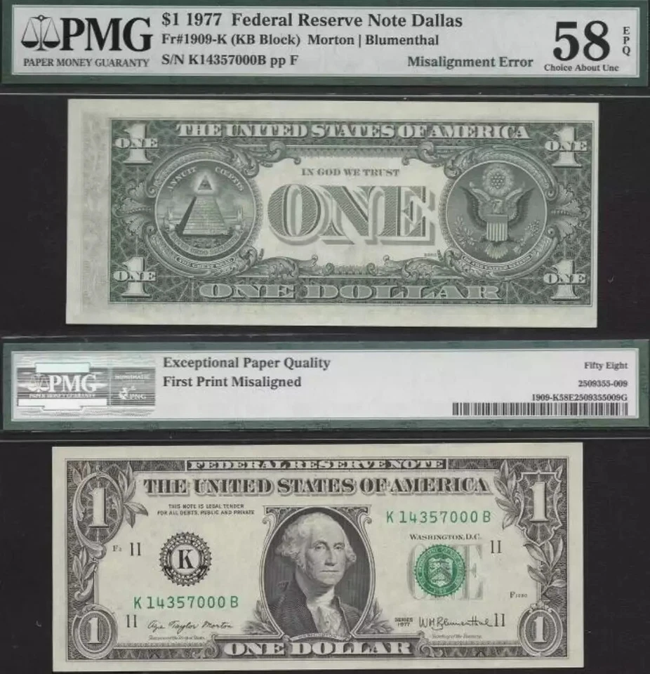$1 1977 FRN Faulty Alignment Error Back PMG Choice About Uncirculated 58EPQ - Image 1 of 1