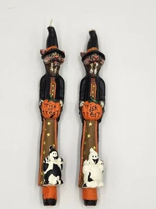 Vintage Halloween Candle Sticks Cat Witch Holding Pumpkin with Ghost 11" - Picture 1 of 15