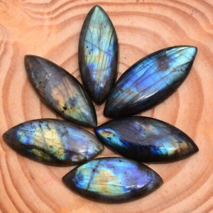 6 Pcs Natural Labradorite Multi Flashy 41mm-49mm Marquise Cabochon Gemstones Lot - Picture 1 of 7