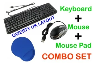 USB Wired OPTICAL Keyboard Mouse PAD MAT Combo Set UK layout Wireless Mouse Mice - Picture 1 of 23