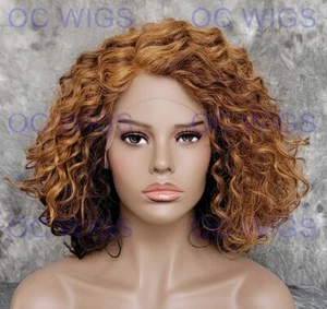 Short Full Spiral Curls Human Hair Blend Lace Front Wig Red Blonde/Auburn Ombre - Picture 1 of 10